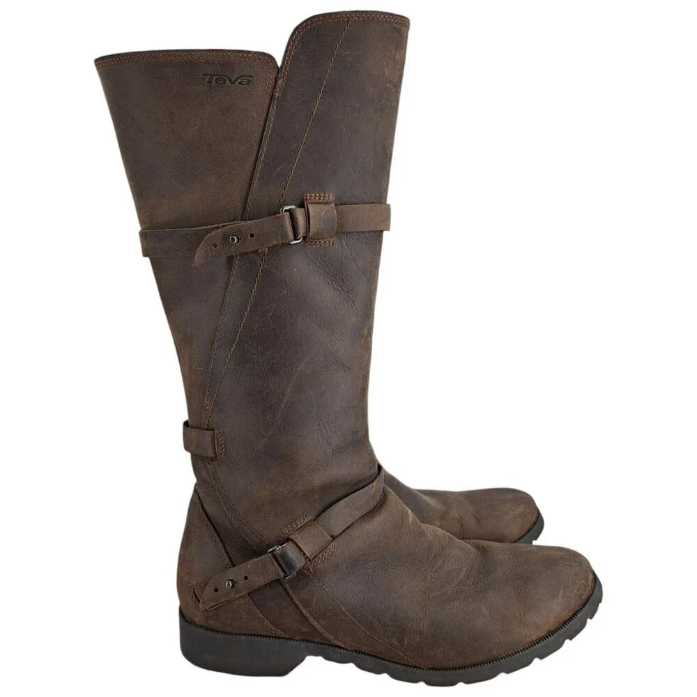 Teva De La Vina Brown Leather Tall Riding Boots Size 8 Distressed Waterproof